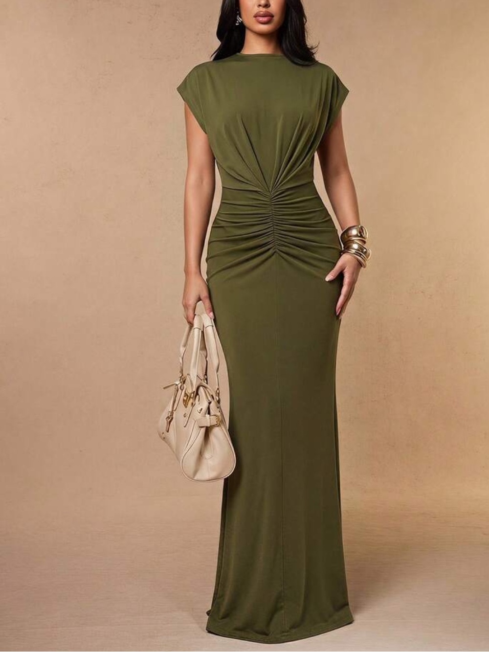 Olive Ruched-Front Maxi Dress with Cap Sleeves